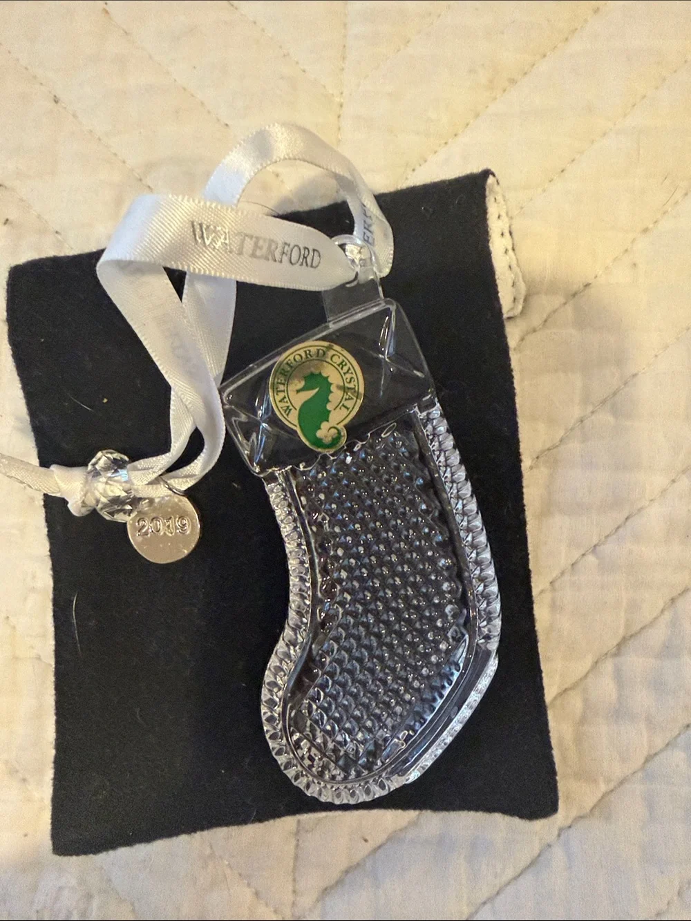 Waterford Clear Christ Stocking 2019 Ornament and White Ribbon